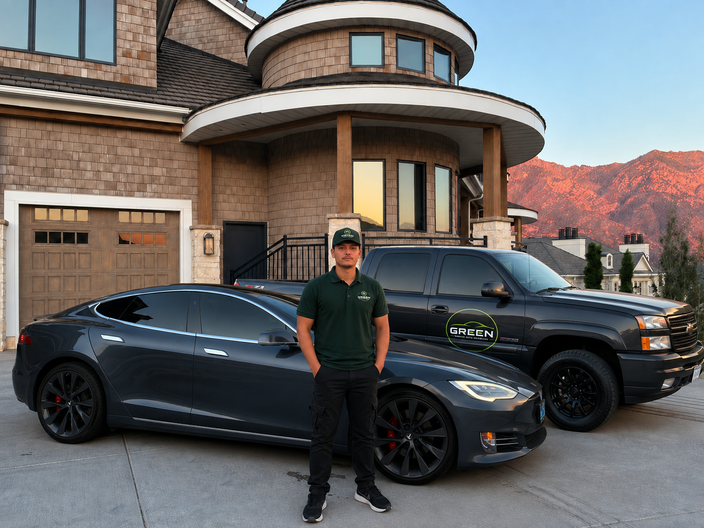 Conner of Green Mobile Auto Detailing with his branded truck beside a freshly detailed Tesla in Utah County